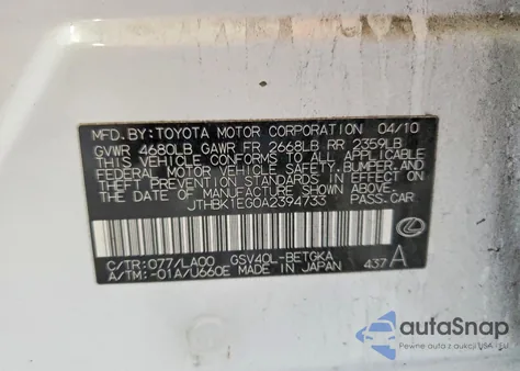 2010 Lexus Es 350 z USA, uszkodzony, nr VIN JTHBK1EG0A2394733